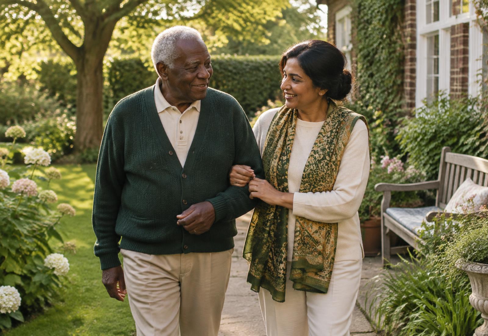 An older man enjoying a garden walk with his carer
