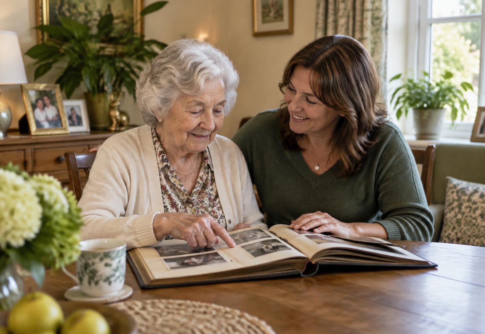 An older woman sharing family memories with her carer at home